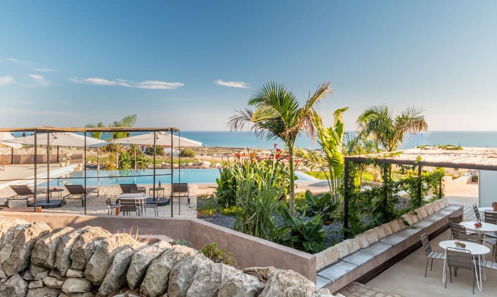 Covered patio with ocean view