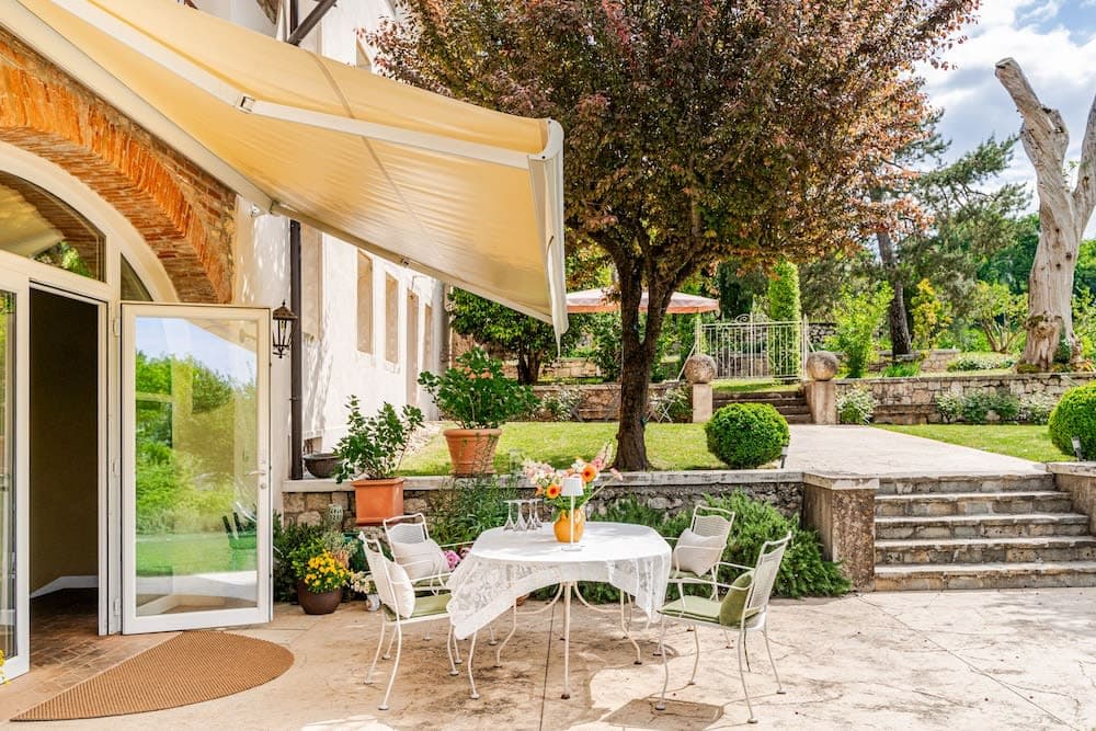 Covered patio with ocean view
