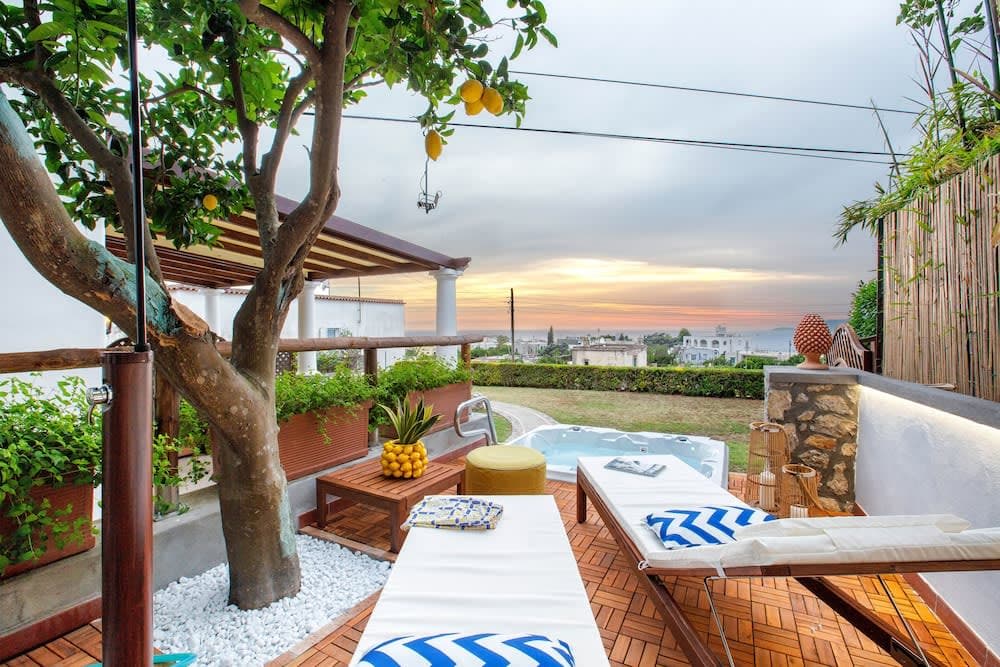 Covered patio with ocean view