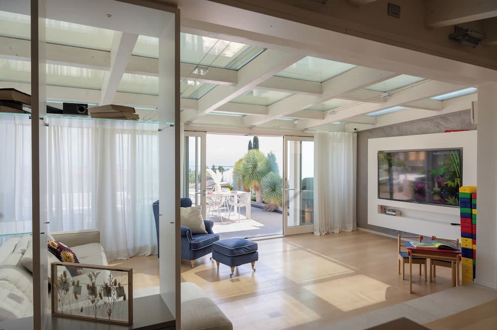 Covered patio with ocean view