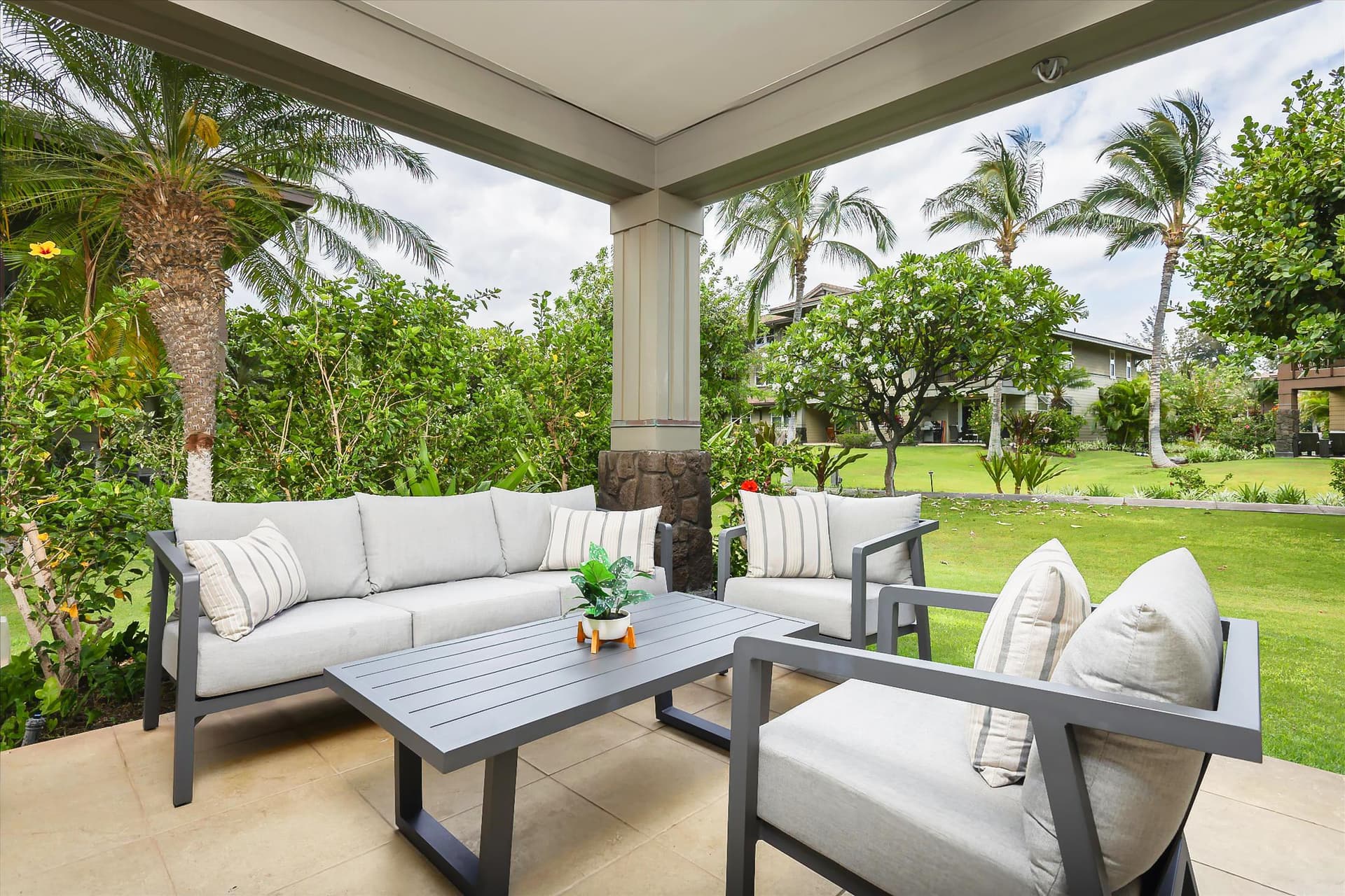 Covered patio with ocean view