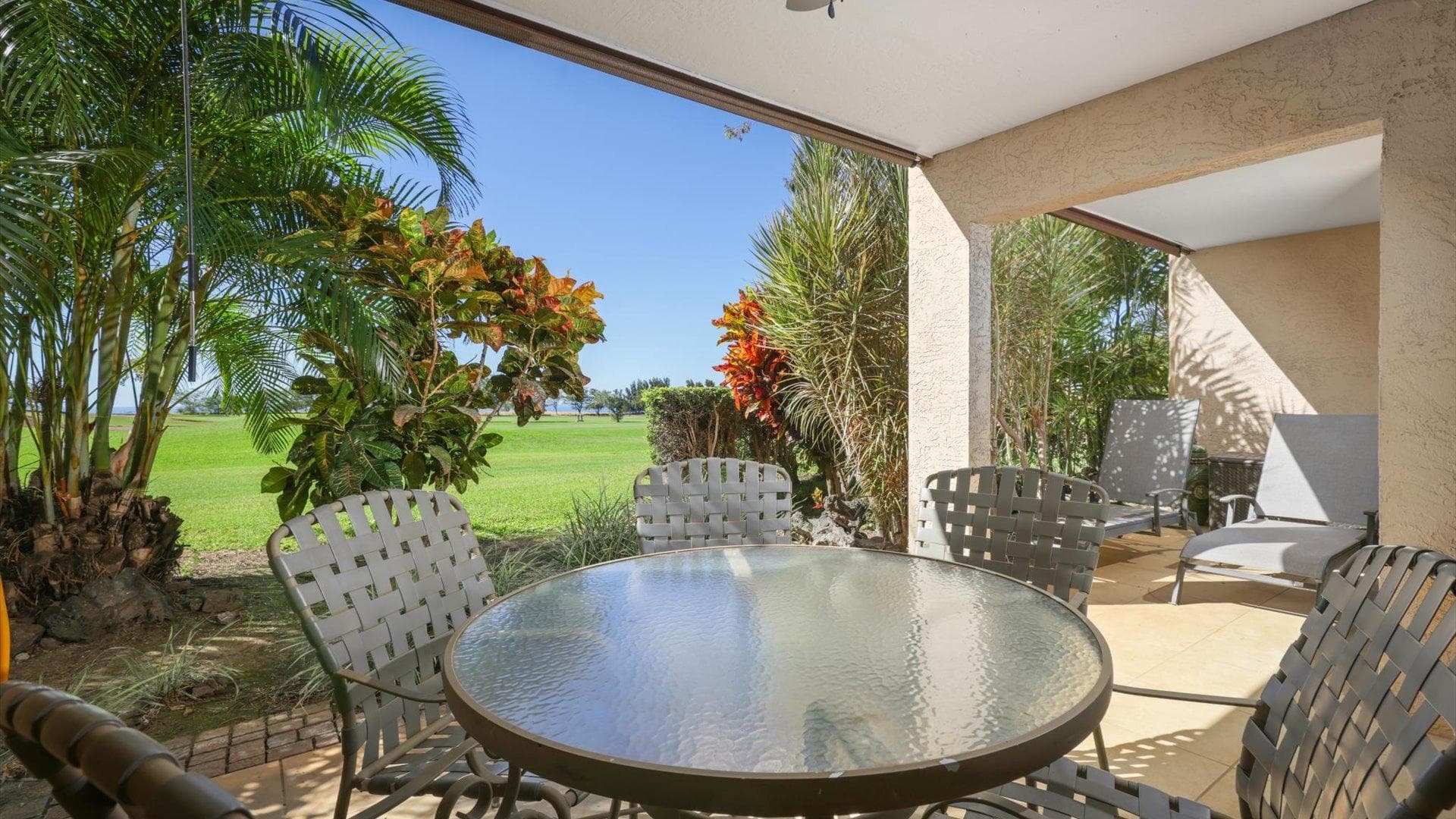Covered patio with ocean view