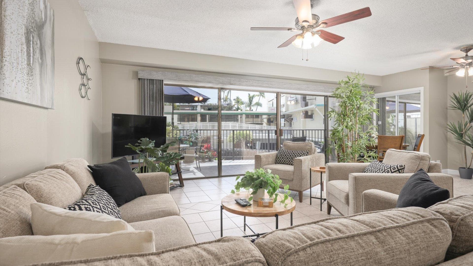Covered patio with ocean view