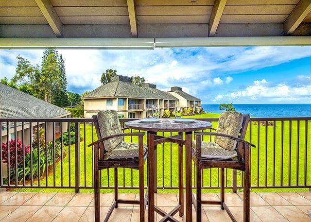 Covered patio with ocean view