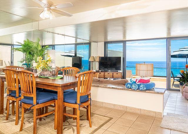 Covered patio with ocean view