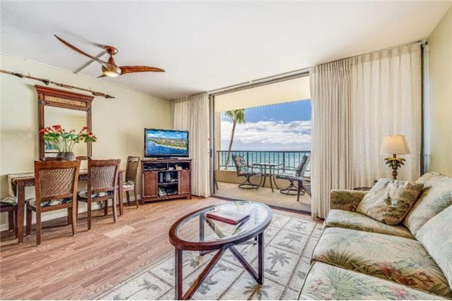 Covered patio with ocean view