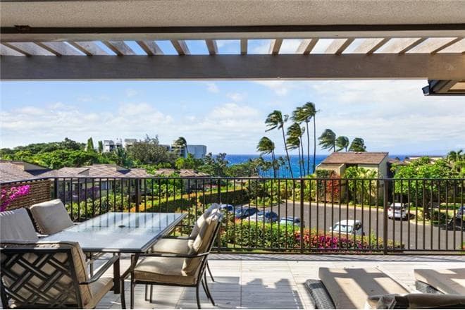 Covered patio with ocean view