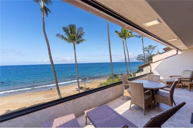 Covered patio with ocean view