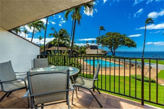 Covered patio with ocean view