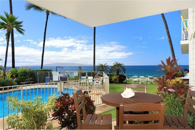 Covered patio with ocean view