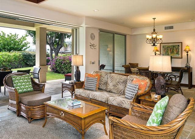 Covered patio with ocean view