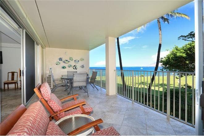 Covered patio with ocean view