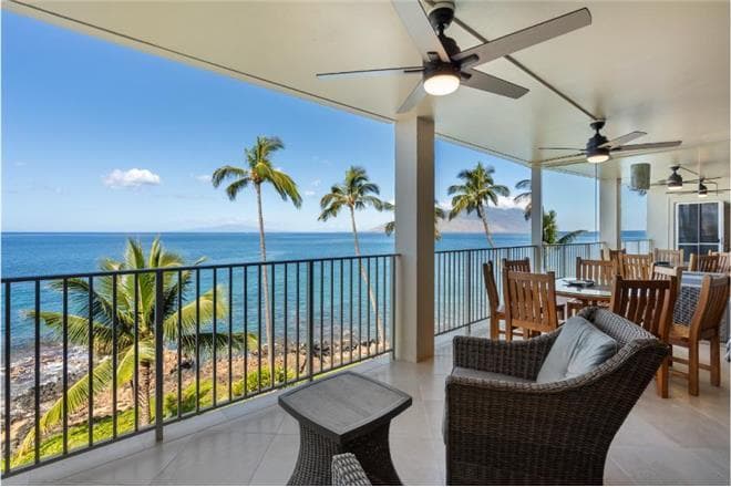 Covered patio with ocean view