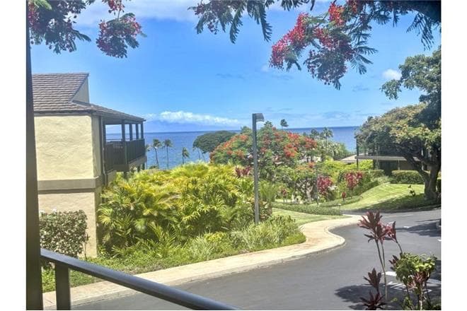 Covered patio with ocean view
