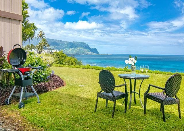Covered patio with ocean view