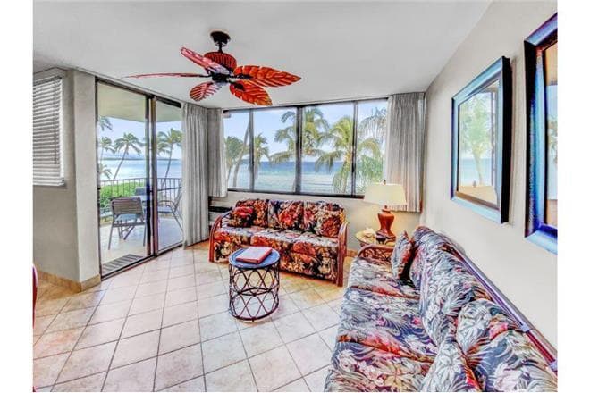 Covered patio with ocean view