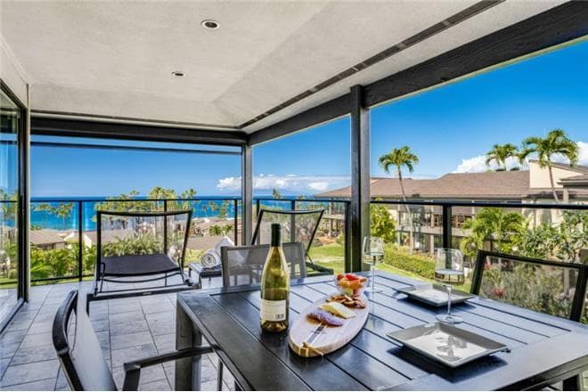 Covered patio with ocean view