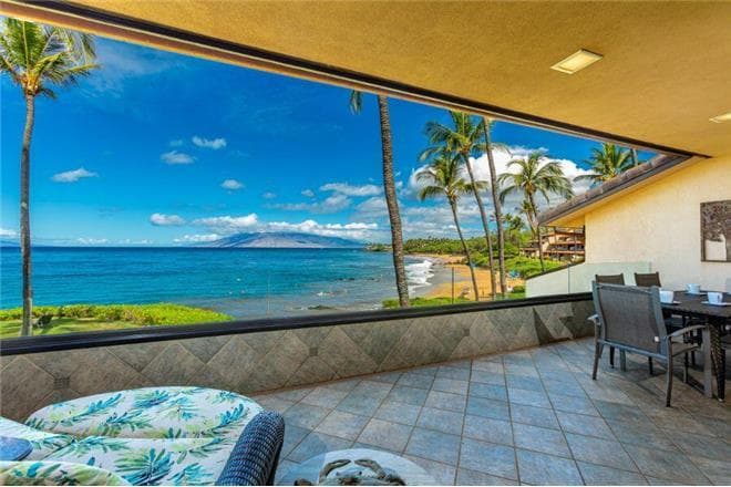 Covered patio with ocean view