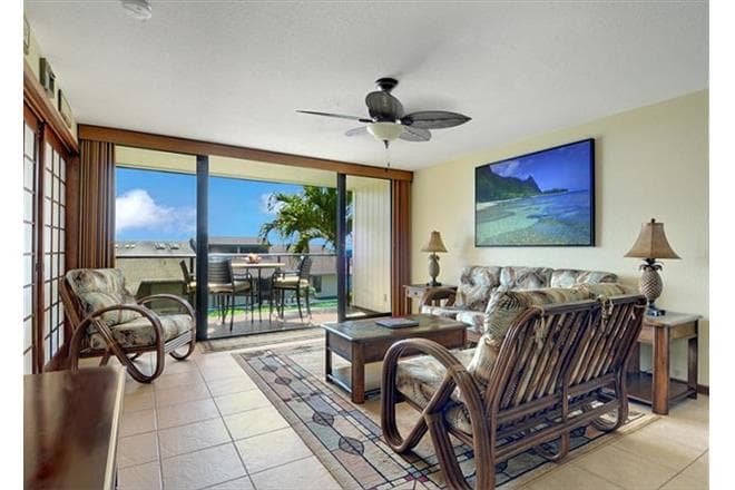 Covered patio with ocean view