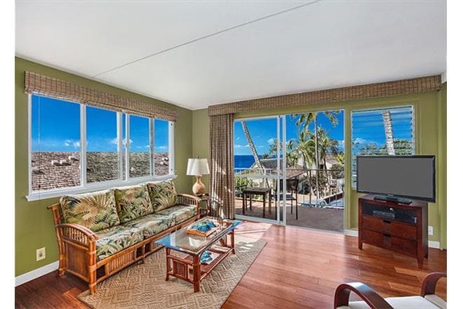 Covered patio with ocean view