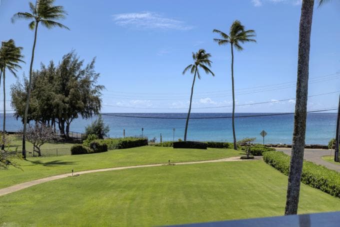 Covered patio with ocean view