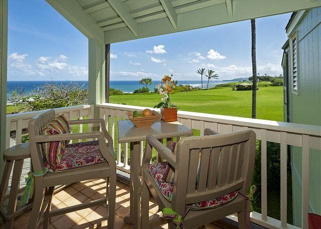 Covered patio with ocean view