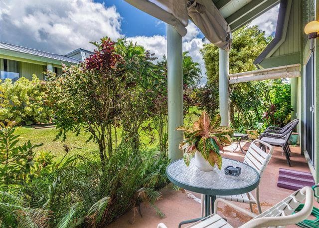 Covered patio with ocean view