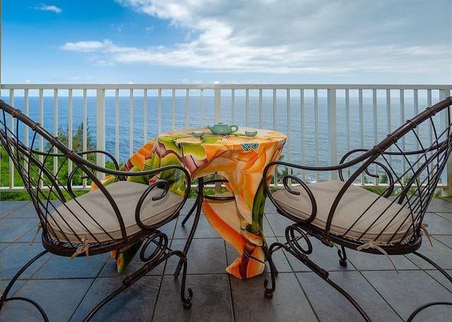 Covered patio with ocean view