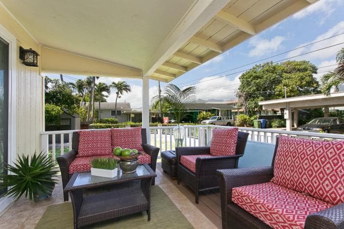 Covered patio with ocean view