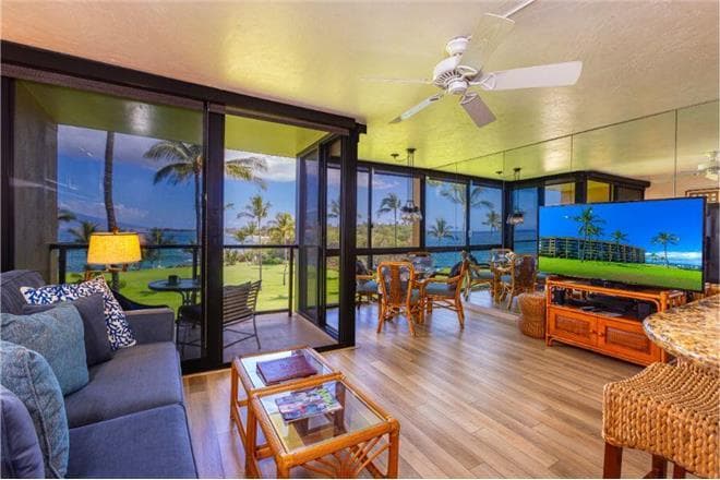 Covered patio with ocean view