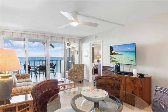 Covered patio with ocean view