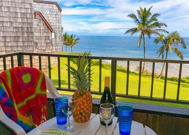 Covered patio with ocean view