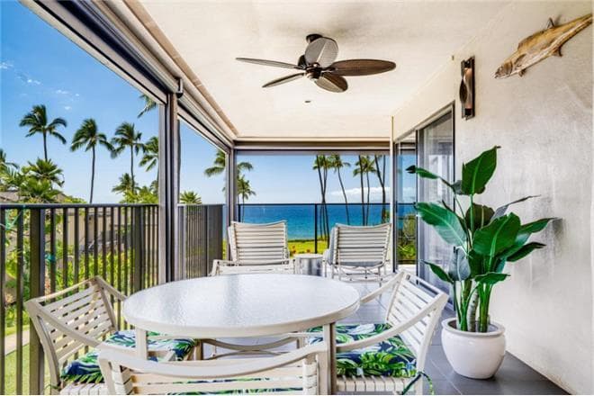 Covered patio with ocean view