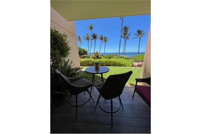 Covered patio with ocean view