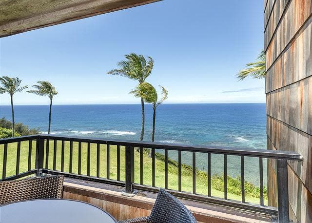 Covered patio with ocean view