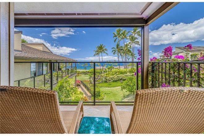 Covered patio with ocean view