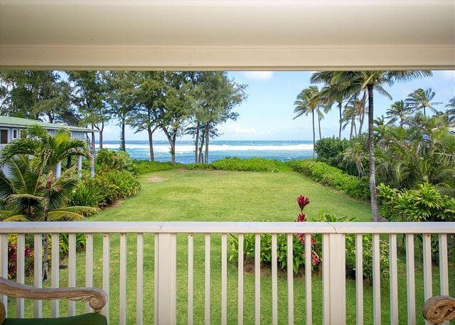Covered patio with ocean view