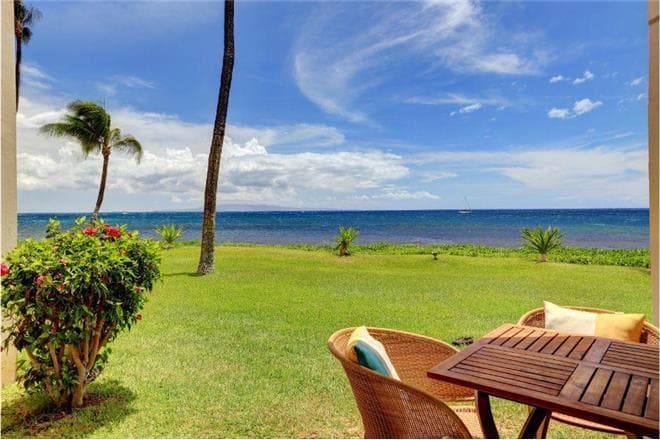 Covered patio with ocean view