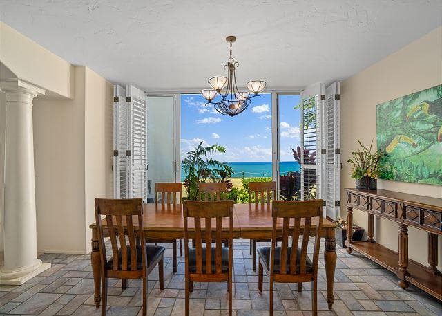 Covered patio with ocean view