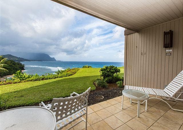 Covered patio with ocean view