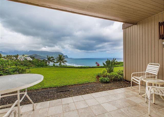 Covered patio with ocean view
