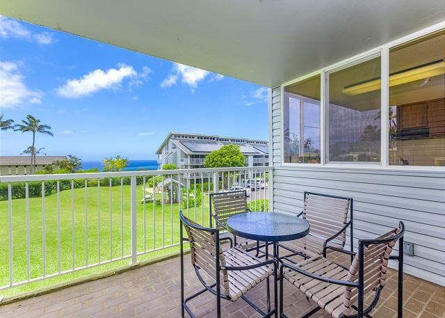 Covered patio with ocean view