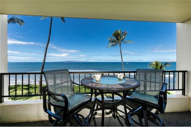 Covered patio with ocean view