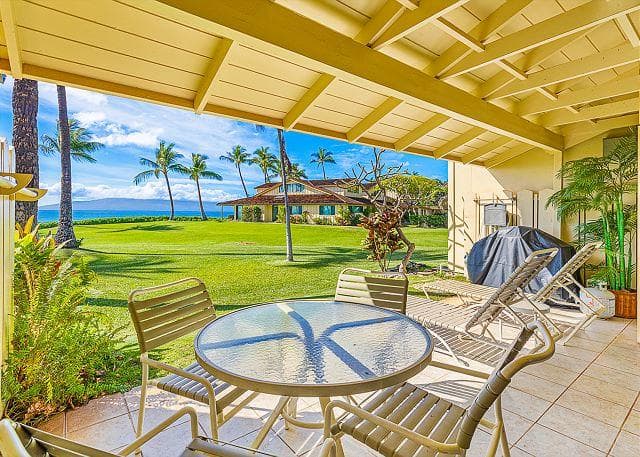 Covered patio with ocean view