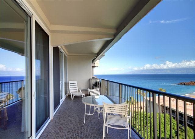 Covered patio with ocean view