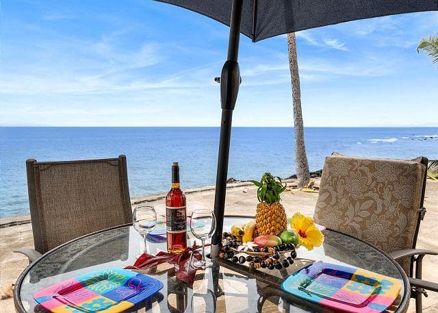 Covered patio with ocean view