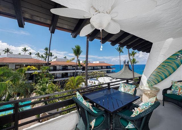 Covered patio with ocean view