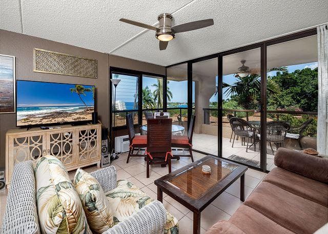 Covered patio with ocean view