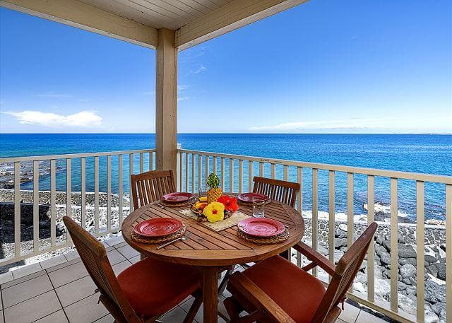 Covered patio with ocean view