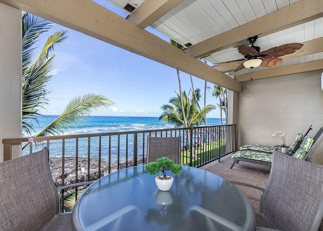 Covered patio with ocean view